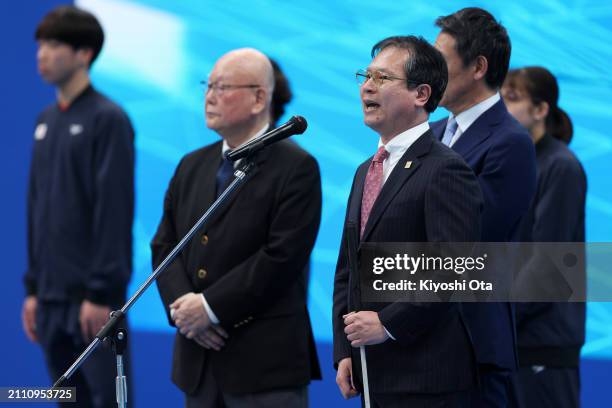 Junichi Kawai, President of the Japanese Para-Swimming Federation, speaks during a send-off ceremony ahead of the Paris 2024 Paralympic Games during...