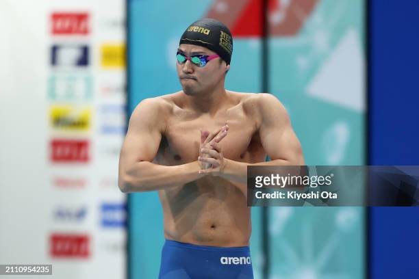 Kaito Tabuchi prepares to compete in the Men's 1500m Freestyle Final during day eight of the Swimming Olympic Qualifier at Tokyo Aquatics Centre on...