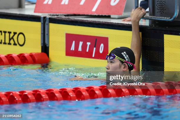 Waka Kobori reacts after winning the Women's 800m Freestyle Final during day eight of the Swimming Olympic Qualifier at Tokyo Aquatics Centre on...