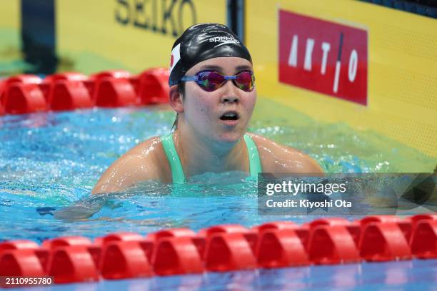 Aira Kinoshita reacts after swimming during a send-off ceremony ahead of the Paris 2024 Paralympic Games during day eight of the Swimming Olympic...