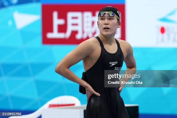 Waka Kobori reacts after winning the Women's 800m Freestyle Final during day eight of the Swimming Olympic Qualifier at Tokyo Aquatics Centre on...