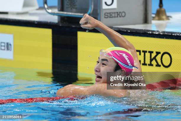 Kazushi Imafuku reacts after winning the Men's 1500m Freestyle Final during day eight of the Swimming Olympic Qualifier at Tokyo Aquatics Centre on...