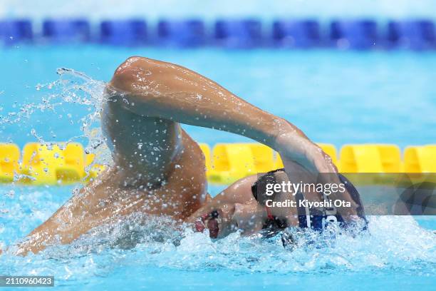 Shogo Takeda competes in the Men's 1500m Freestyle Final during day eight of the Swimming Olympic Qualifier at Tokyo Aquatics Centre on March 24,...