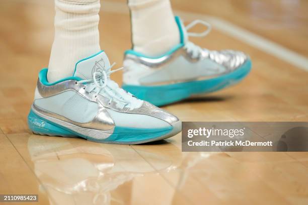 Detail view of the Nike basketball shoes worn by Giannis Antetokounmpo of the Milwaukee Bucks during the first half against the Oklahoma City Thunder...