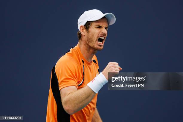 Andy Murray of Great Britain celebrates during his match against Tomas Machac of the Czech Republic in the third round of the Miami Open at the Hard...