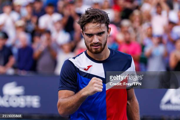 Tomas Machac of the Czech Republic celebrates his victory over Andy Murray of Great Britain in the third round of the Miami Open at the Hard Rock...