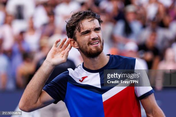 Tomas Machac of the Czech Republic celebrates his victory over Andy Murray of Great Britain in the third round of the Miami Open at the Hard Rock...