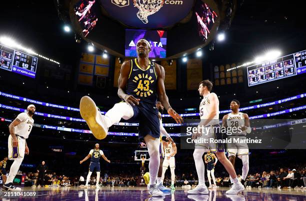 Pascal Siakam of the Indiana Pacers makes the slam dunk against the Los Angeles Lakers in the second half at Crypto.com Arena on March 24, 2024 in...