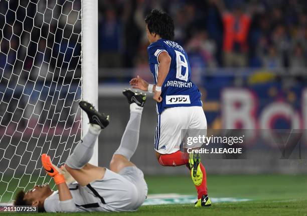 Kosuke Nakamachi of Yokohama F.Marinos celebrates after scoring the team's third goal during the J.League J1 match between Yokohama F.Marinos and...