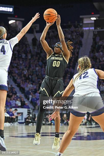 Jaylyn Sherrod of the Colorado Buffaloes shoots the ball against the Kansas State Wildcats in the second half during the second round of the NCAA...