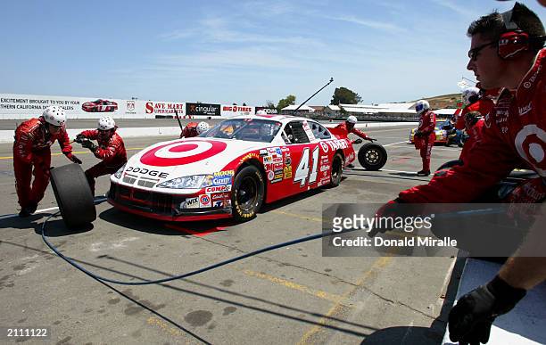 Casey Mears pits his Target Chip Ganassi Racing Dodge Intrepid during the NASCAR Winston Cup Dodge Save Mart 350 at the Infineon Raceway on June 22,...