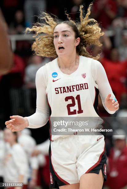 Brooke Demetre of the Stanford Cardinal reacts after making a three-point shot against the Iowa State Cyclones in overtime in the second round of the...