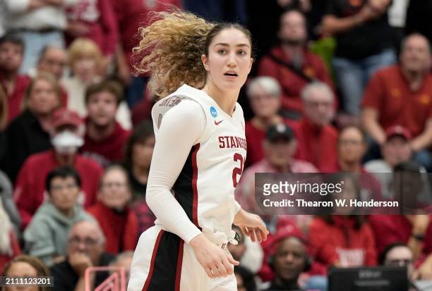 Brooke Demetre of the Stanford Cardinal reacts after making a three-point shot against the Iowa State Cyclones in overtime in the second round of the...