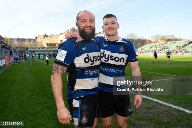 Tom Dunn and Matt Gallagher of Bath Rugby pose for a photo after the Gallagher Premiership Rugby match between Bath Rugby and Sale Sharks at...