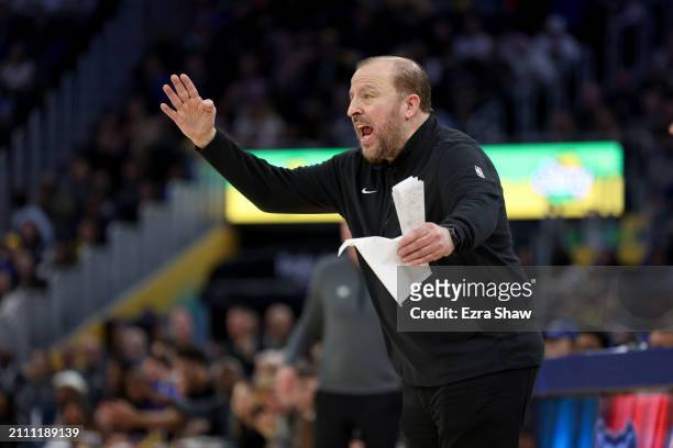 New York Knicks head coach Tom Thibodeau shouts to his team against the Golden State Warriors at Chase Center on March 18, 2024 in San Francisco,...
