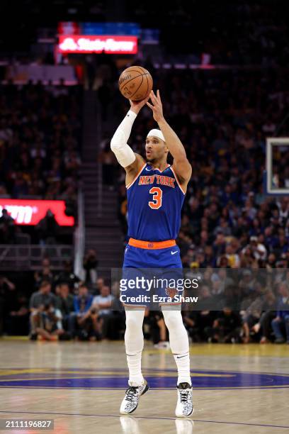Josh Hart of the New York Knicks shoots the ball against the Golden State Warriors at Chase Center on March 18, 2024 in San Francisco, California....