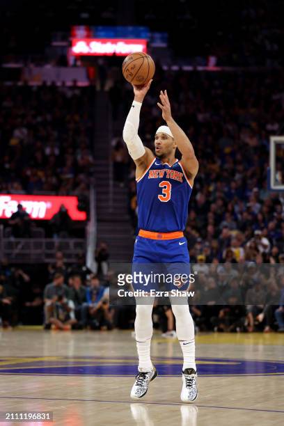Josh Hart of the New York Knicks shoots the ball against the Golden State Warriors at Chase Center on March 18, 2024 in San Francisco, California....