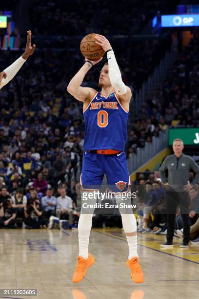 Donte DiVincenzo of the New York Knicks shoots the ball against the Golden State Warriors at Chase Center on March 18, 2024 in San Francisco,...