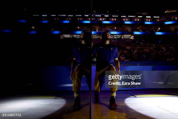 Stephen Curry of the Golden State Warriors warms up before their game against the New York Knicks at Chase Center on March 18, 2024 in San Francisco,...
