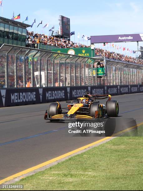 Oscar Piastri of Australia driving the McLaren F1 Team MCL60 on track duirng the F1 Grand Prix of Australia at Albert Park Circuit on March 24, 2024...