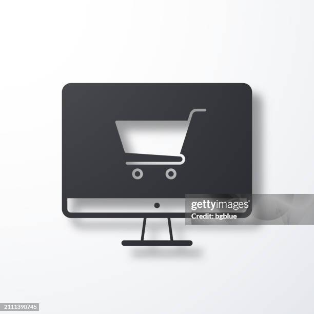 online shopping with desktop computer. icon with shadow on white background - checkout screen stock illustrations