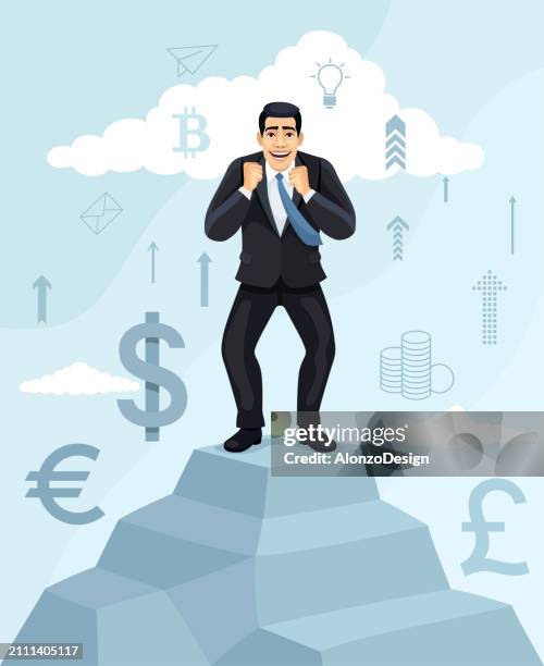 happy businessman character on mountain top. successful manager concept. - super excited suit stock illustrations