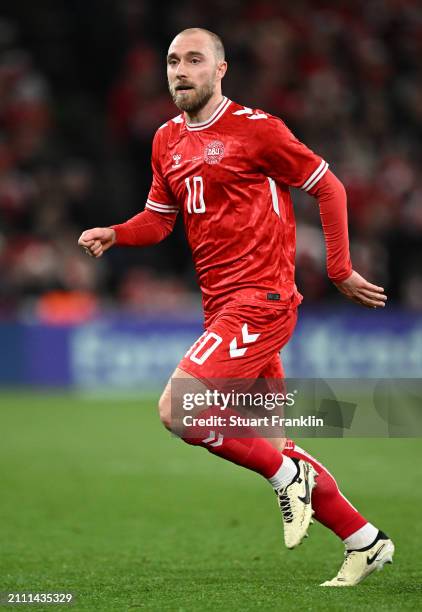 Christian Eriksen of Denmark in action during the international friendly match between Denmark and Switzerland at Parken Stadium on March 23, 2024 in...