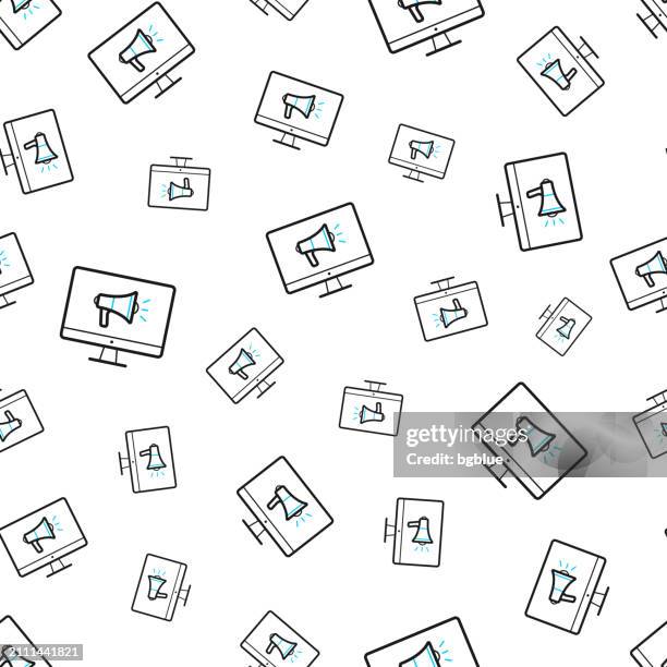 desktop computer with megaphone. seamless pattern. line icons on white background - microphone background stock illustrations