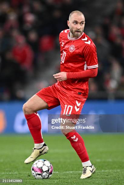 Christian Eriksen of Denmark in action during the international friendly match between Denmark and Switzerland at Parken Stadium on March 23, 2024 in...