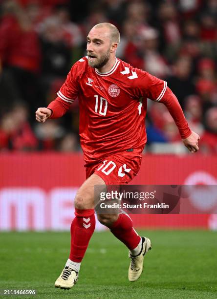 Christian Eriksen of Denmark in action during the international friendly match between Denmark and Switzerland at Parken Stadium on March 23, 2024 in...