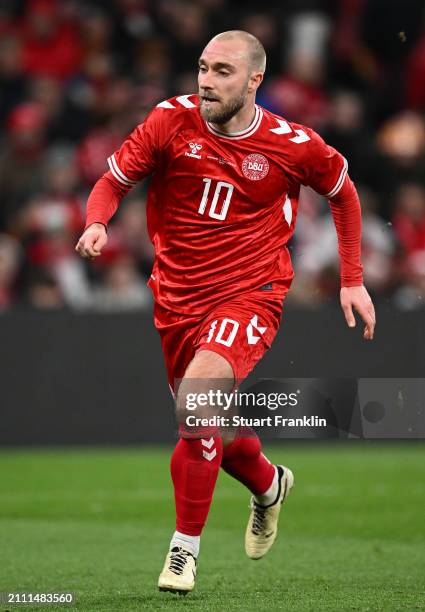 Christian Eriksen of Denmark in action during the international friendly match between Denmark and Switzerland at Parken Stadium on March 23, 2024 in...