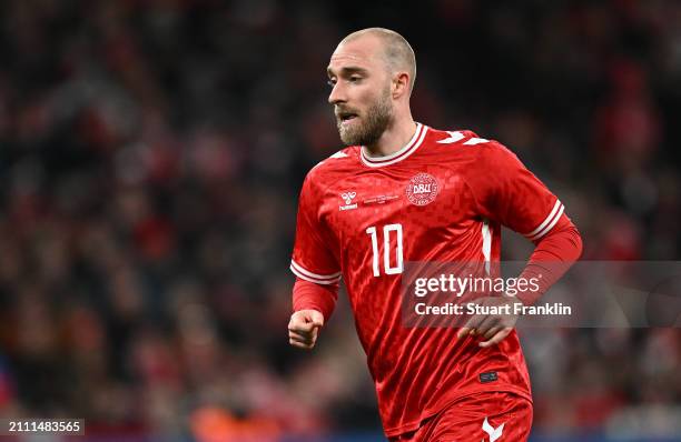 Christian Eriksen of Denmark in action during the international friendly match between Denmark and Switzerland at Parken Stadium on March 23, 2024 in...