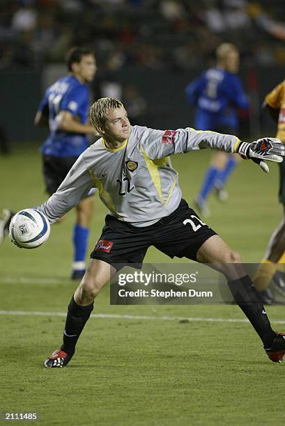Goalie Kevin Hartman of the Los Angeles Galaxy throws the ball during the Major League Soccer game against the San Jose Earthquakes at the Home Depot...