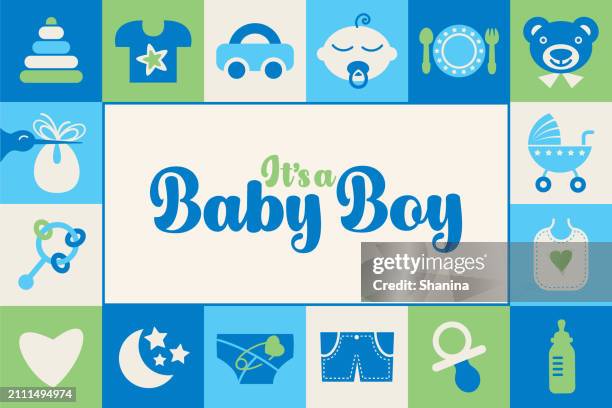 new baby boy greeting card - icons frame - v1 - its a boy stock illustrations