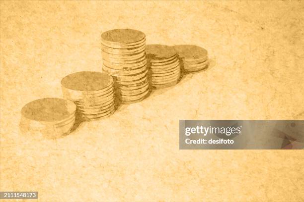 vector illustration of heaps of traced money or oblique slanting pile of old faded distressed golden colored currency coins arranged as set or stacks of abundant money over beige coloured vintage classic style horizontal background with copy space - antique furniture stock illustrations