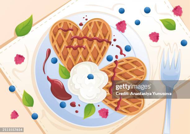 delicious waffles with creme and berries - breakfast with view stock illustrations