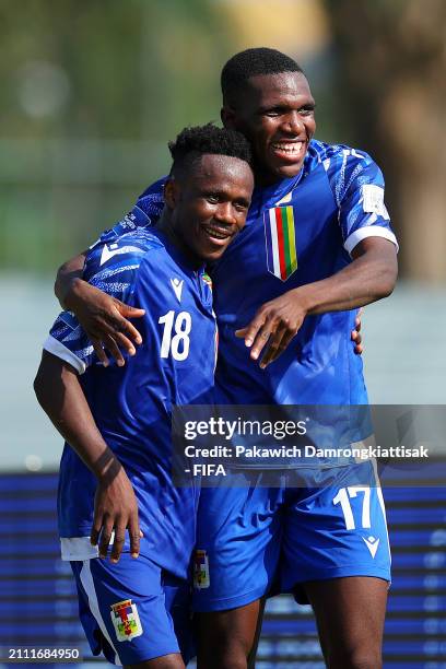 Godame Tieri of Central African Republic celebrates scoring his team's third goal with Yawanendji Christian Theodore during the FIFA Series 2024 Sri...