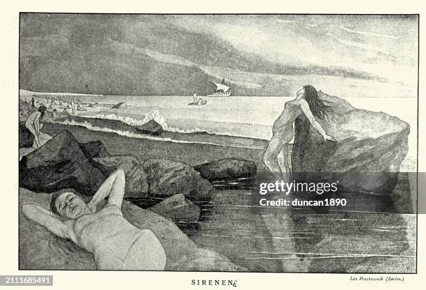 greek mythology, the odyssey, sirens calling to odysseus, jugendstil, art nouveau, 1890s, 19th century. - odysseus sirens stock illustrations