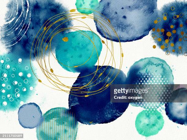 abstract aqua and indigo swirls. a watercolor masterpiece, featuring a fusion of aqua and indigo hues with golden accents, evoking the fluidity and depth of the ocean. - navy watercolor swatch stockfoto's en -beelden