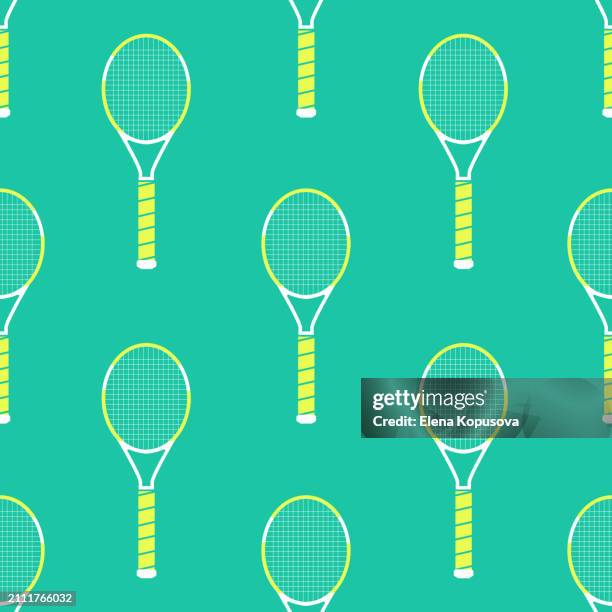 sport and victory concept in retro style. tennis rackets on a colored background. stylish vector seamless pattern for sports competitions. - tennis racquet stock illustrations