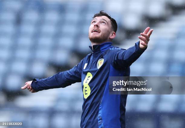 Scotland captain Andy Robertson is seen during a Scotland training session at Lesser Hampden on March 25, 2024 in Glasgow, Scotland.