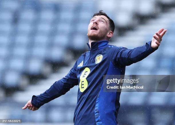 Scotland captain Andy Robertson is seen during a Scotland training session at Lesser Hampden on March 25, 2024 in Glasgow, Scotland.