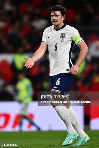 Harry Maguire of England during the international friendly match between England and Brazil at Wembley Stadium on March 23, 2024 in London, England.