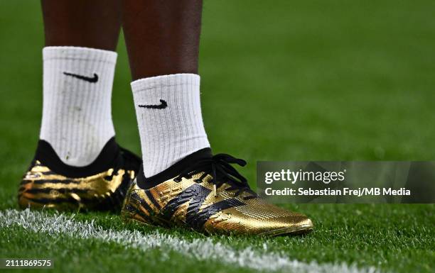 Close up of New Balance golden signature edition Tekela v4 football boots wears by Endrick of Brazil during the international friendly match between...