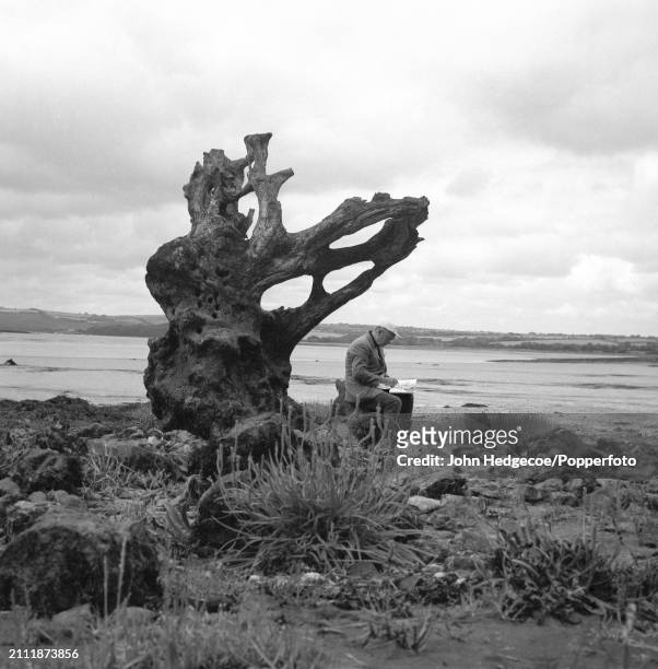 English artist Graham Sutherland sketches a rural scene as he sits on the exposed roots and trunk of a dead tree beside a river estuary near Milford...