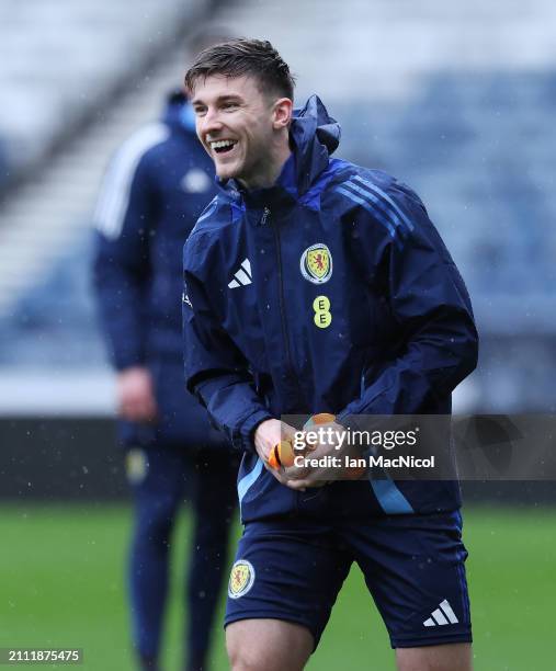 Keiran Tierney of Scotland is seen during a training session at Lesser Hampden on March 25, 2024 in Glasgow, Scotland.