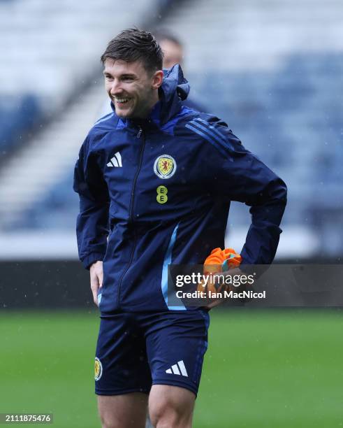 Keiran Tierney of Scotland is seen during a training session at Lesser Hampden on March 25, 2024 in Glasgow, Scotland.