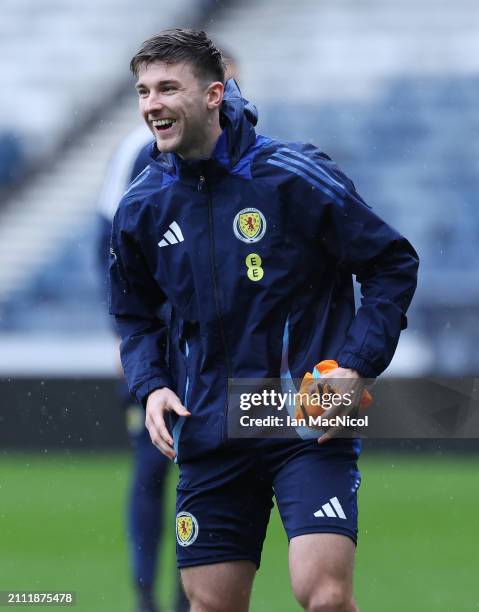 Keiran Tierney of Scotland is seen during a training session at Lesser Hampden on March 25, 2024 in Glasgow, Scotland.