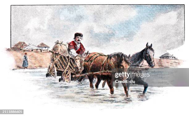 from sofia, bulgaria, farmer with horses on the way to the market, rides through a ford in the city stream - bulgaria stock illustrations