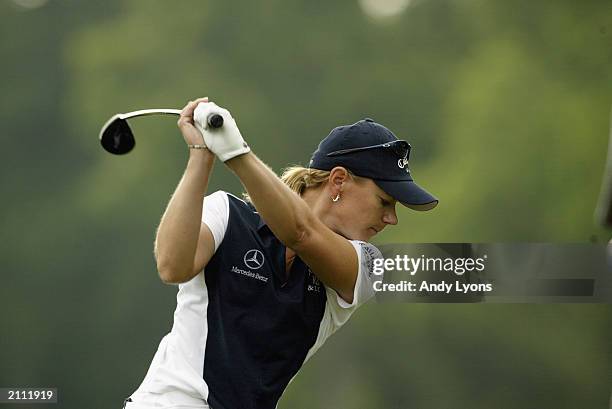 Annika Sorenstam hits a shot on the practice range during the Bank of America Colonial at the Colonial Country Club on May 22, 2003 in Ft. Worth,...